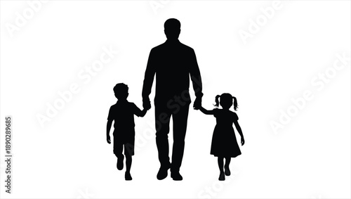 Man holding hands with boy and girl walking together outdoors viewed from behind