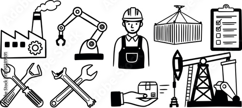 Black and white line art industrial worker with mining rig and robotic arm holding parcel and checklist icons