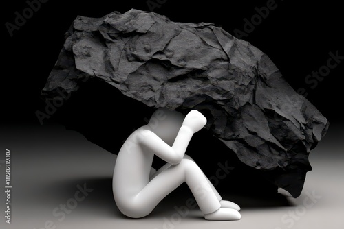 Conceptual Figure of a Human Silhouette Hugging a Heavy Rock Symbolizing Emotional Burden and Mental Struggles