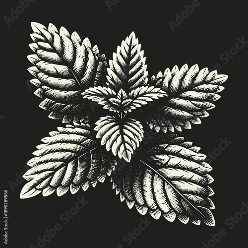 Detailed Mint Leaf Illustration on Dark Background Botanical Art.
