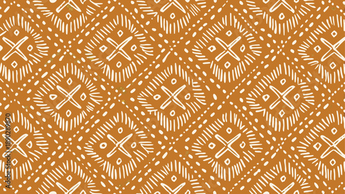 Vibrant orange background with intricate white geometric pattern and textured design elements