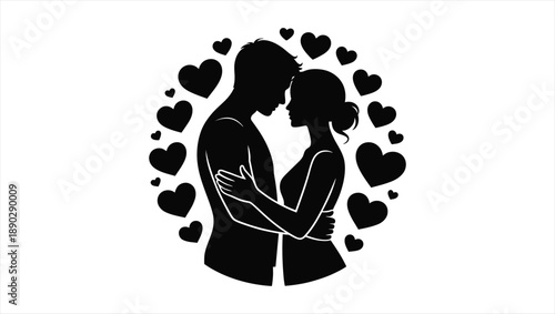 Couple embracing surrounded by hearts in silhouette illustration