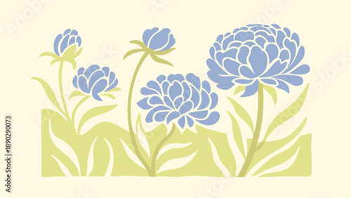 Blue flowers with green leaves on beige background floral design elements