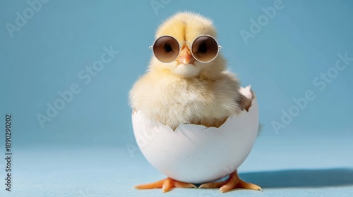 A young chick bursts out of its eggshell wearing stylish sunglasses. It stands proudly on a light blue surface, showcasing its vibrant yellow feathers and playful demeanor, creating a fun atmosphere. © mila103
