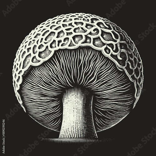 Detailed Mushroom Illustration: A Study in Texture and Form.
