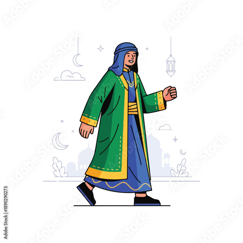 Man in traditional Middle Eastern clothing walking in front of a city skyline at night