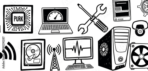 Hand drawn black and white vector icons illustrating computer hardware network signals and maintenance tools in sketch style