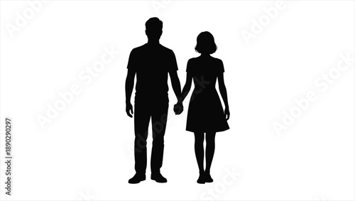 Couple holding hands walking together in silhouette illustration view