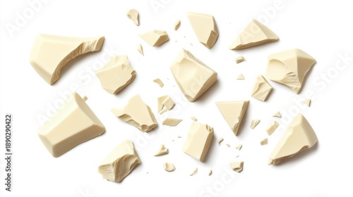 Broken pieces of white chocolate scattered on a white background, top view, studio shot.