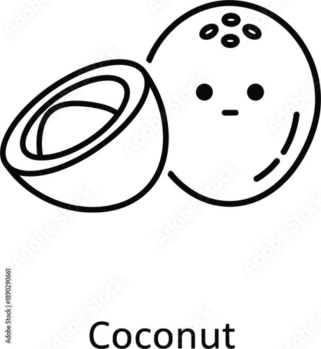 Professional cute vector illustration of a coconut fruit mascot with a half-sliced portion for tropical food branding.