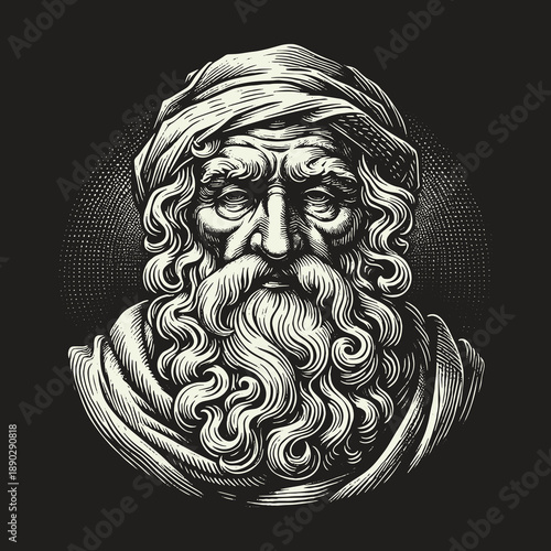 Ancient Wisdom: Engraved Portrait of a Bearded Sage with Turban.