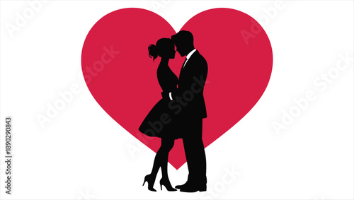 Couple embracing in love silhouette against heart background illustration