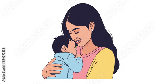Mother tenderly holding and kissing newborn baby in arms love and care
