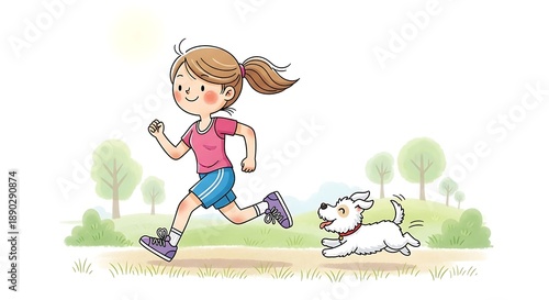Girl and Dog Running Together in Sunny Park.