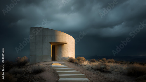 Brutalist concrete architecture on a desert hilltop under a moody storm sky with warm golden hour light
