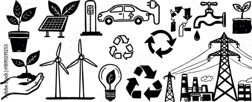 Black and white hand drawn eco energy concepts including wind turbines, solar panel, electric car charging, recycling symbols and water conservation icons