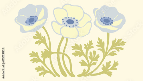 Three pale yellow and blue anemone flowers with green stems and leaves on beige background