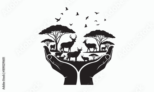 Earth day conservation hands holding planet with animals and trees vector illustration flat design