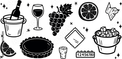 Black and white vector art of wine bottle in ice bucket with grapes glass tart and cork close up iconic line drawing