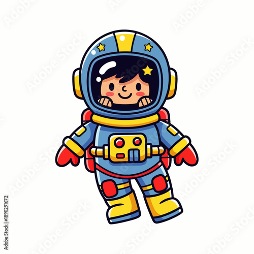 Cute cartoon astronaut character floating in space wearing a blue and yellow spacesuit illustration