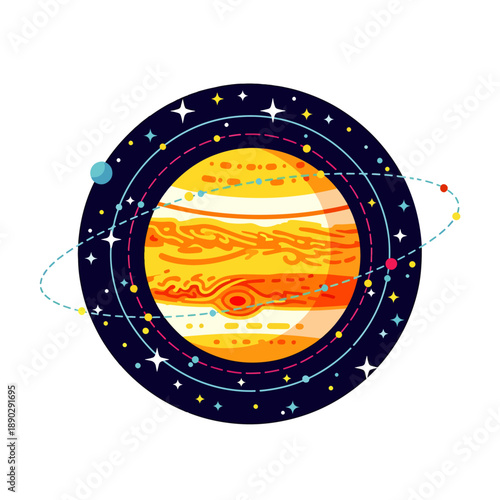 Colorful vector illustration of planet Jupiter with orbiting moons and stars in the universe