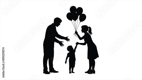 Family silhouette with balloons in a joyful reunion scene together outdoors