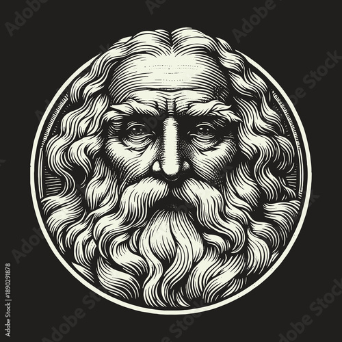 Engraved Portrait of a Wise Old Man with Flowing Hair.