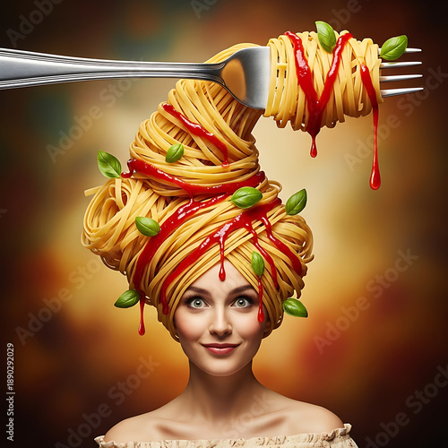 Woman with pasta hairstyle and fork, smiling against colorful background  