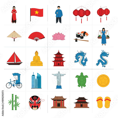 Professional vector icons of Vietnam cultural landmarks traditional clothing food and national symbols for travel branding.