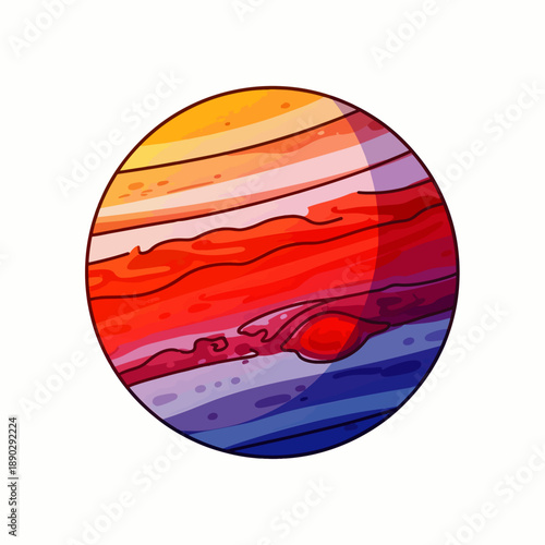 Colorful illustration of planet Jupiter with its swirling atmospheric bands against white background