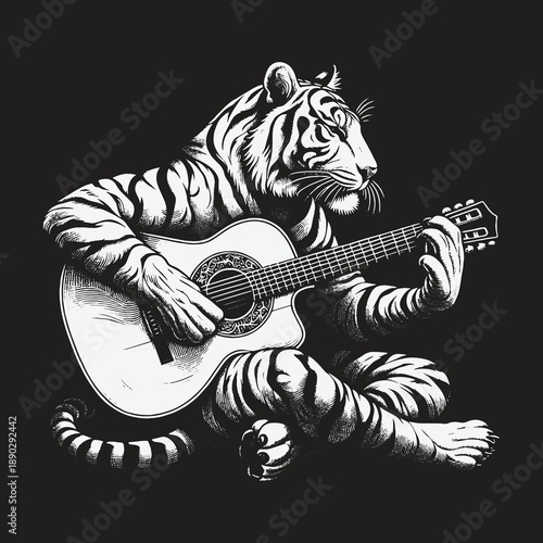 Tiger serenading with an acoustic guitar in monochrome illustration.