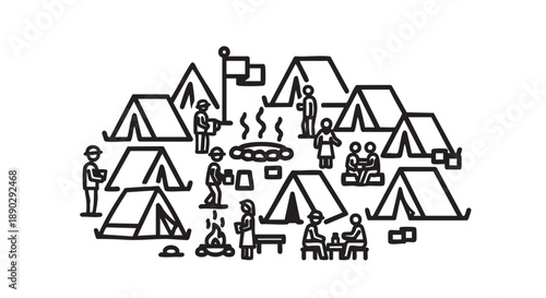 Camping scene with people gathered around a campfire, tents, and outdoor activities in a serene natural environment from an aerial viewpoint