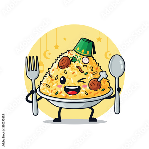 Cartoon character eating biryani with utensils on white background