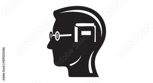 Silhouette of a man's head with a robotic eye viewing an open door