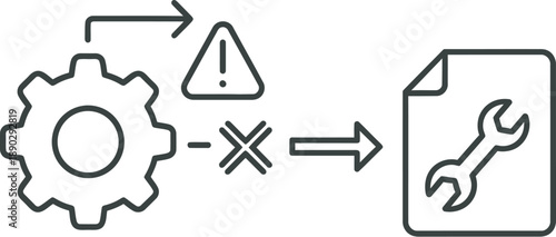 Error removal process, fixing, and maintenance concept with gear, warning sign, and wrench on document, representing problem solving and repair