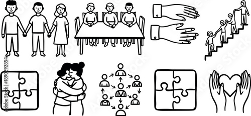 Hand drawn line art family holding hands group sitting at table collaborative teamwork icons