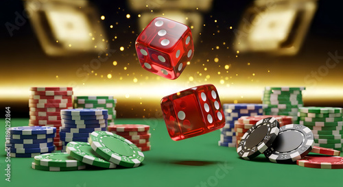 Rolling the Dice: A captivating composition, showcasing a pair of vibrant red dice suspended mid-air above a meticulously arranged spread of poker chips on a classic green felt surface.