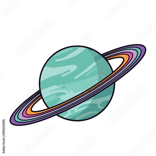 Colorful illustration of a planet with rings, a celestial body isolated on white background