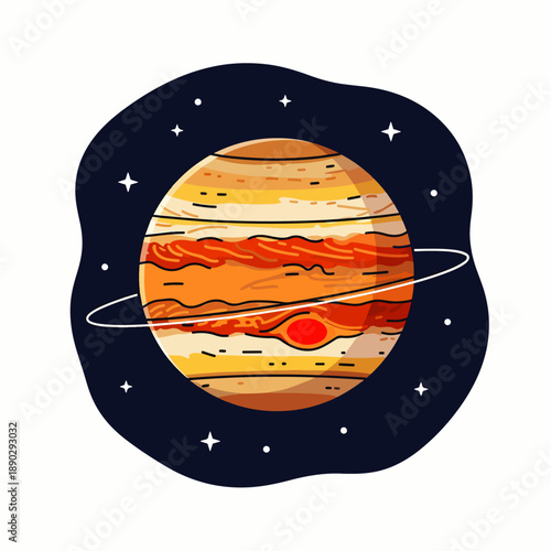 Colorful cartoon illustration of Jupiter planet with stars and a ring in outer space