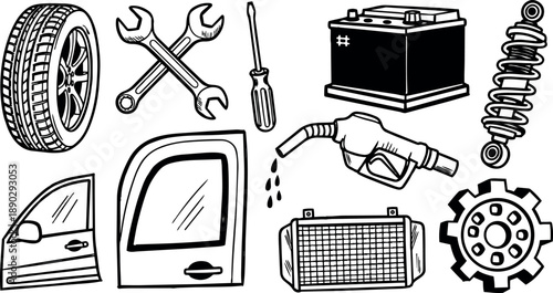 Detailed black and white line art of car parts including tire, crossed wrenches, screwdriver, battery, fuel nozzle dripping fuel, shock absorber, radiator, gear and vehicle doors