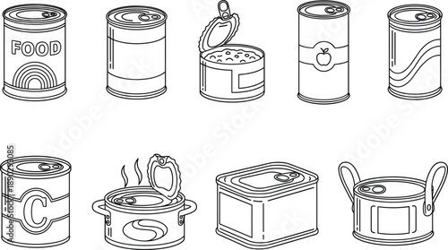 Professional vector icons for canned food preservation metal tins and pantry storage branding for food industry.