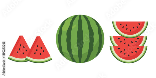 Watermelon fruit with various slices and wedges