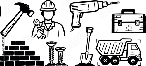 Black and white line art construction worker holding wrench with hammer drill shovel toolbox dump truck and bricks vector icons