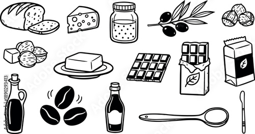 Hand drawn black and white vector icons of bread cheese honey olives nuts butter chocolate coffee beans and oil bottle set