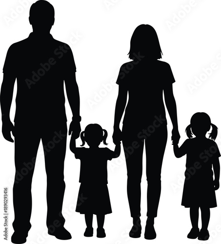 Family silhouette parents walking with two daughters holding hands, love bonding protection care isolated on white background happy together concept