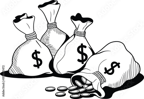 Money bags with dollars and coins spilling out