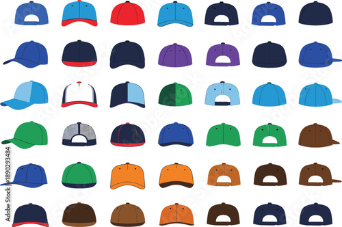 Professional vector collection of colorful baseball caps snapbacks and trucker hats for fashion and apparel branding.