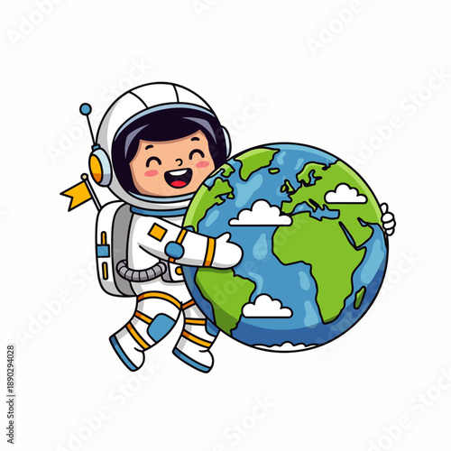 Cheerful astronaut hugging planet Earth, smiling happily, in a colorful cartoon illustration