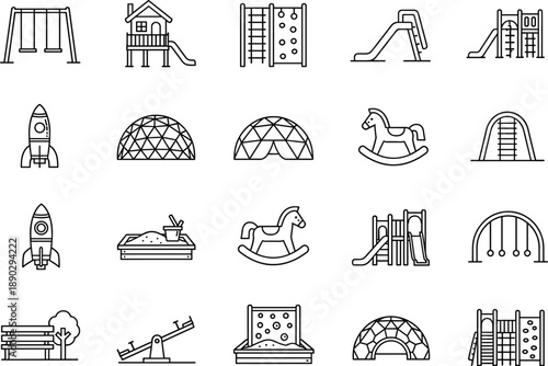 Professional vector icons for playground equipment outdoor recreation park design and children play area branding.