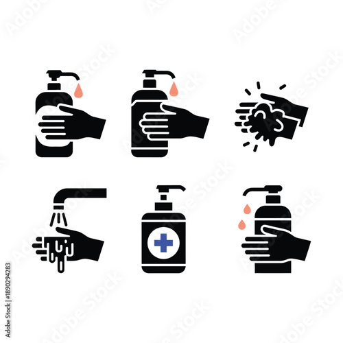 Hygiene hand icon set, hand washing icon set black vector, simple vector illustration for personal care, sanitation awareness, health education, hospital signage and safety design projects.